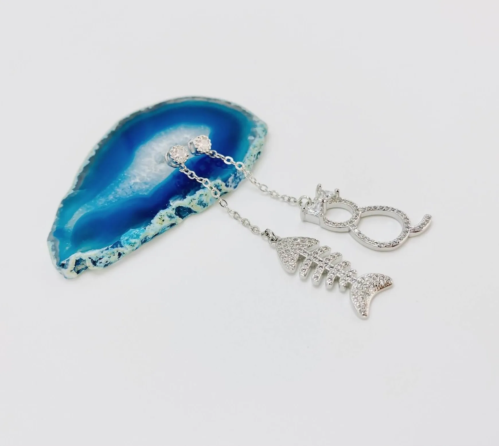 Elegant Cat & Fishbone Drop Earrings