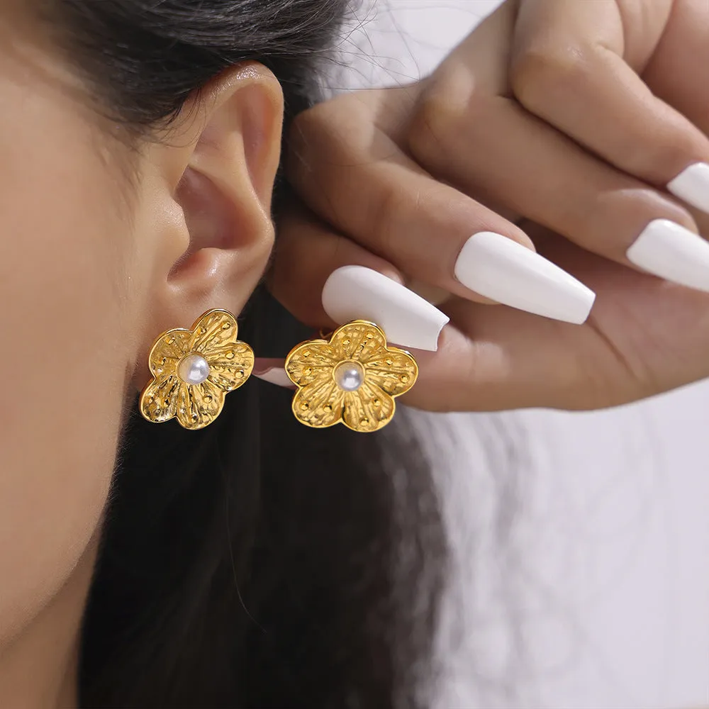 Elegant Korean Style Floral Stud Earrings with Geometric Inlay