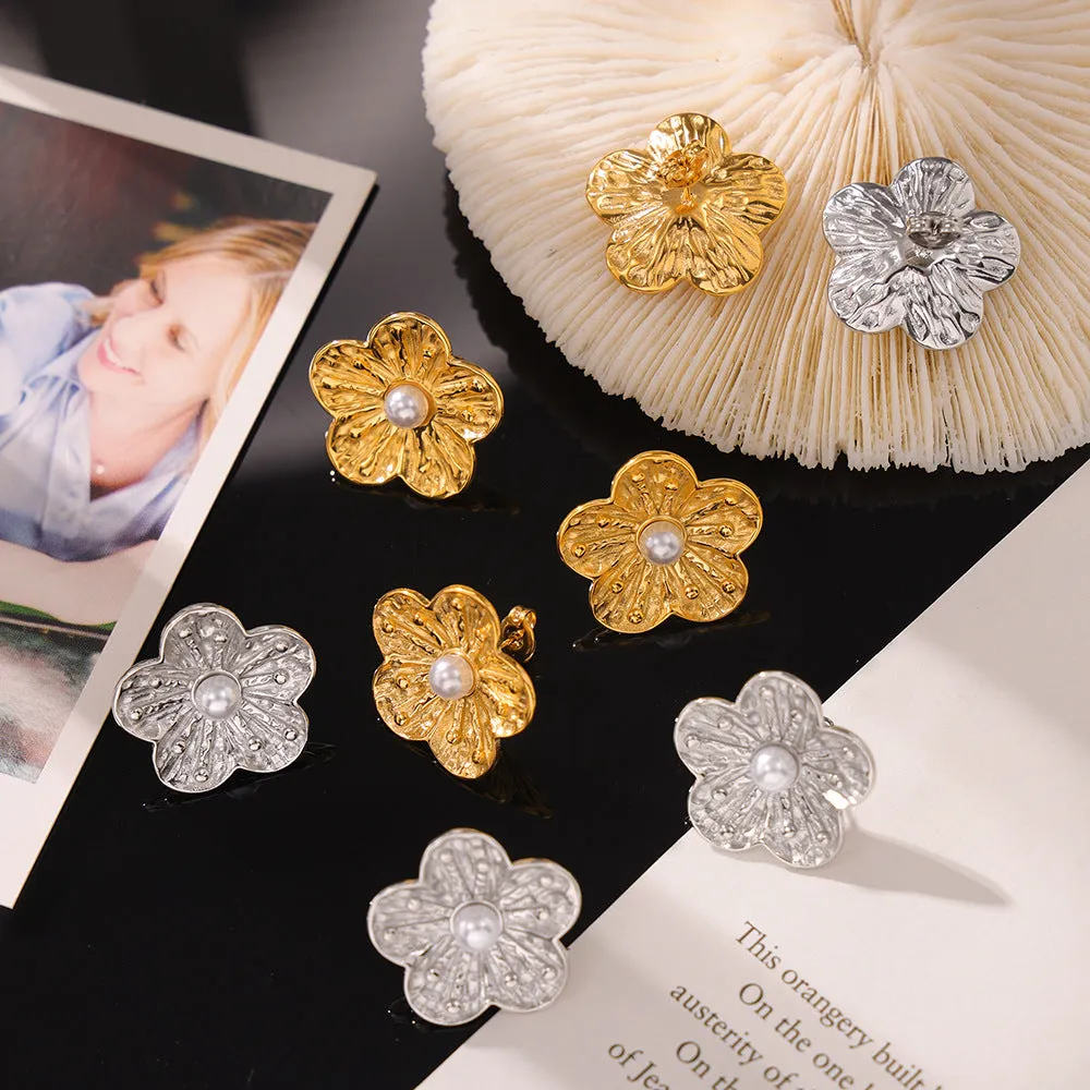 Elegant Korean Style Floral Stud Earrings with Geometric Inlay