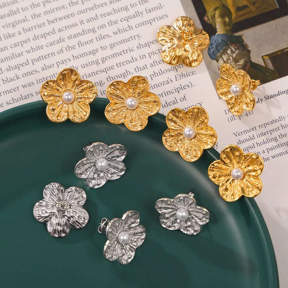 Elegant Korean Style Floral Stud Earrings with Geometric Inlay