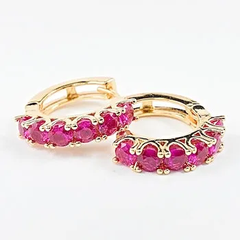 Elegant Pink Magenta Micro CZ Gold Tone Huggie Brass Earrings