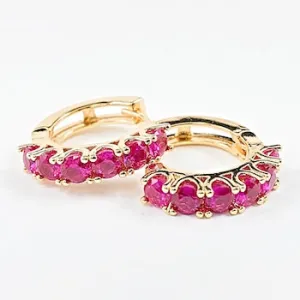 Elegant Pink Magenta Micro CZ Gold Tone Huggie Brass Earrings