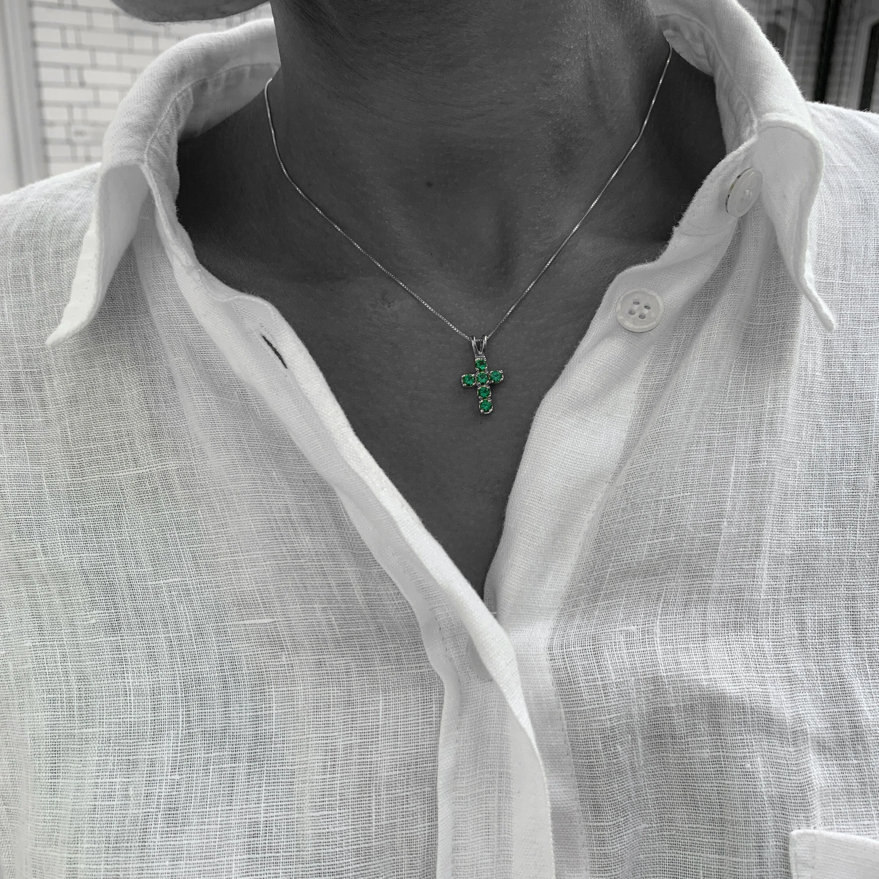 Emerald Cross Pendant - Created Emerald Pendant - Green Cross Silver Necklace