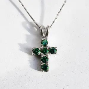 Emerald Cross Pendant - Created Emerald Pendant - Green Cross Silver Necklace