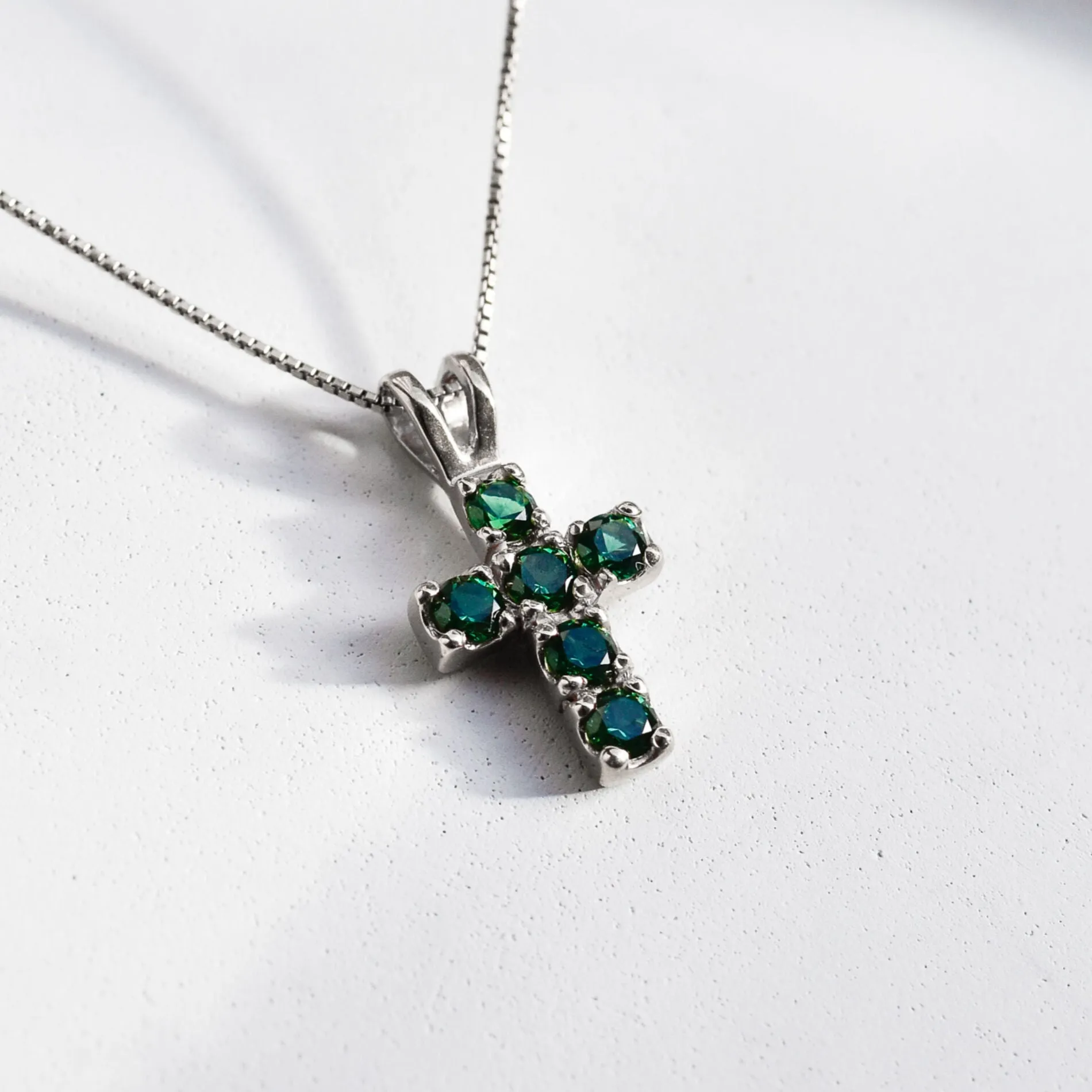 Emerald Cross Pendant - Created Emerald Pendant - Green Cross Silver Necklace