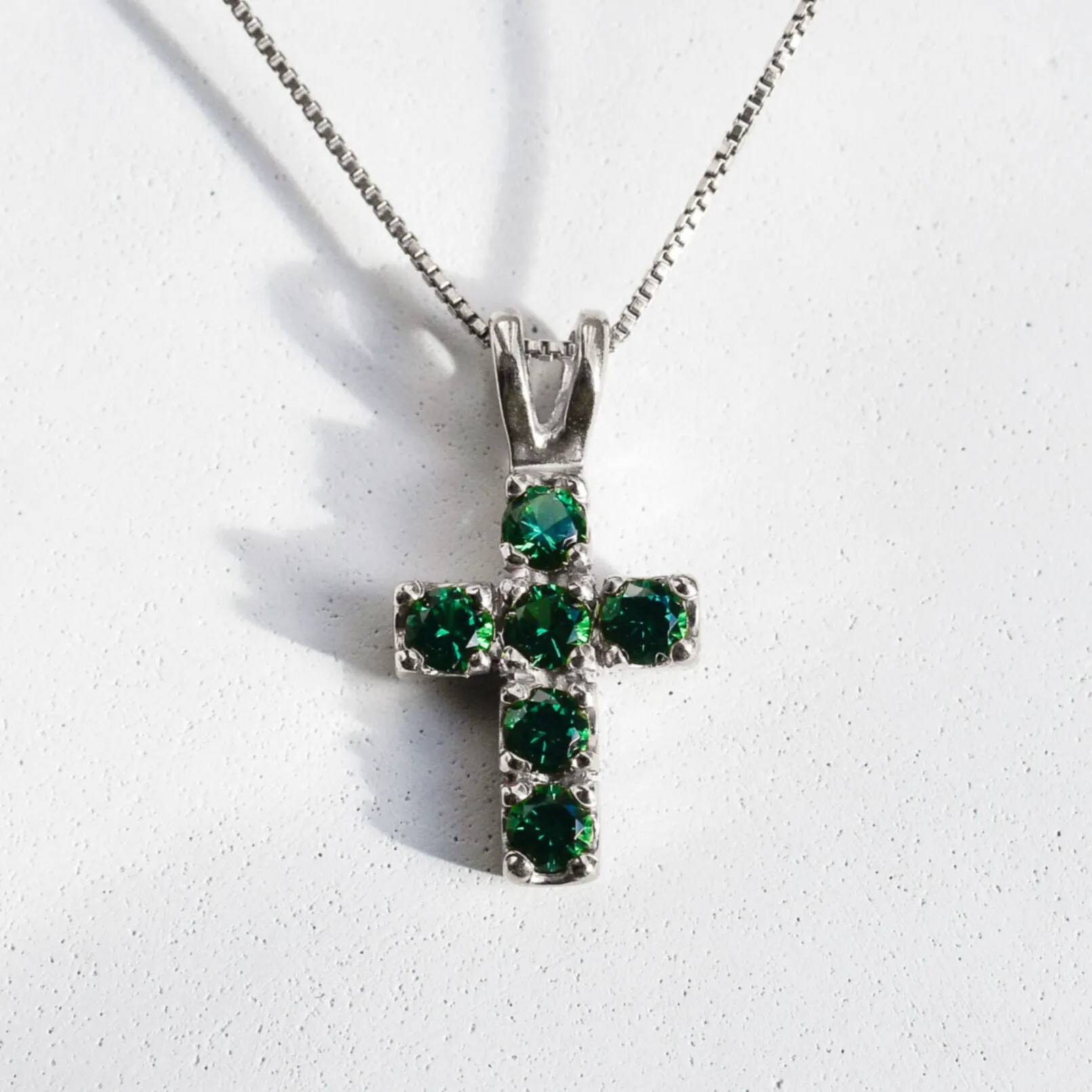 Emerald Cross Pendant - Created Emerald Pendant - Green Cross Silver Necklace