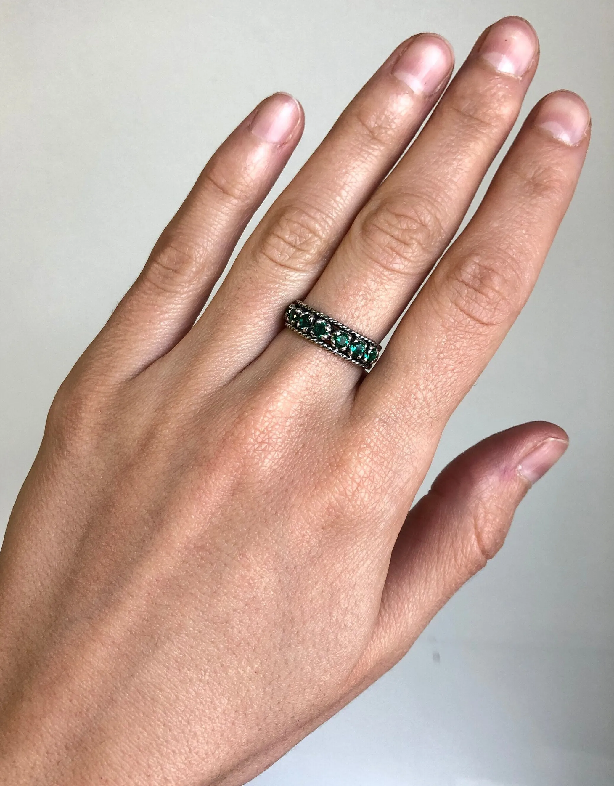 Emerald Half Eternity Band - Wide Green Ring - Vintage  Stackable Band