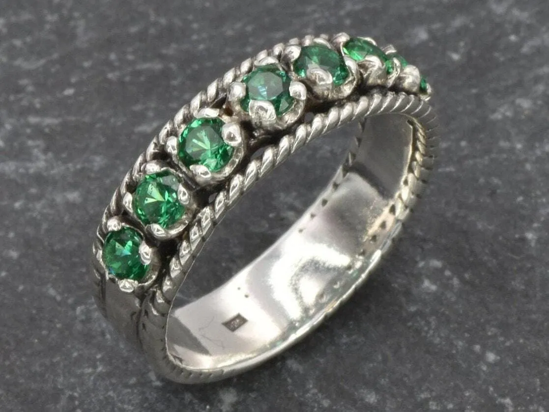 Emerald Half Eternity Band - Wide Green Ring - Vintage  Stackable Band