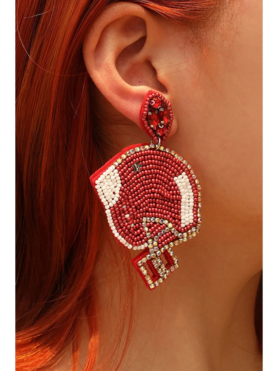 Fiery Red Game Day Rice Beaded Rugby Helmet Dangle Earrings