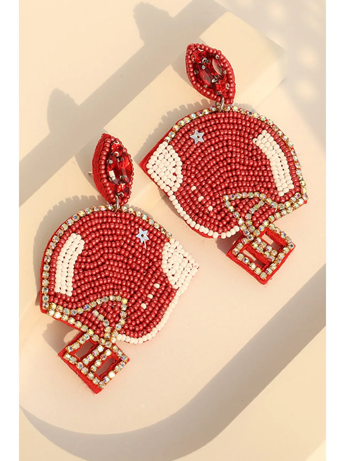 Fiery Red Game Day Rice Beaded Rugby Helmet Dangle Earrings