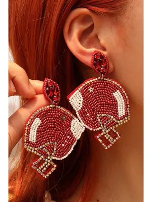 Fiery Red Game Day Rice Beaded Rugby Helmet Dangle Earrings