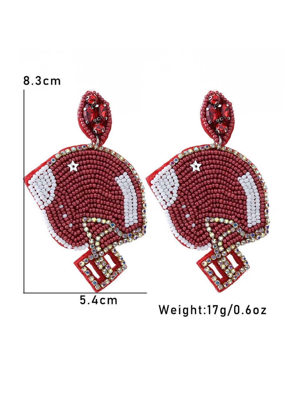 Fiery Red Game Day Rice Beaded Rugby Helmet Dangle Earrings