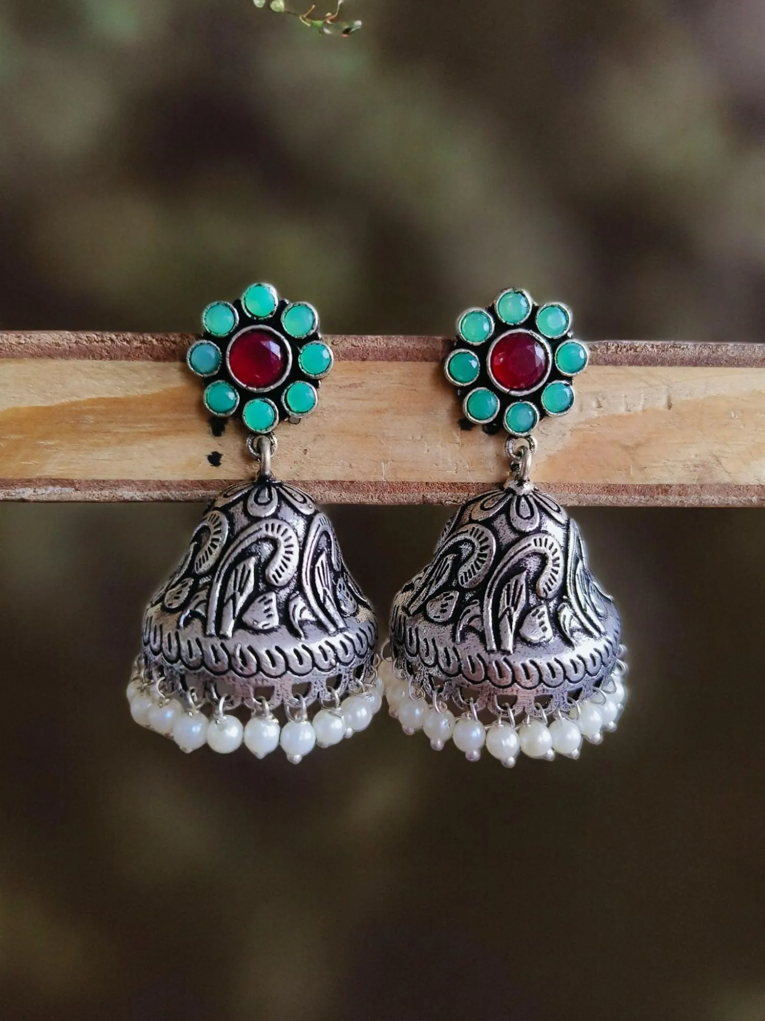 Floral Brass Jhumka Silver-Plated | Sarichka