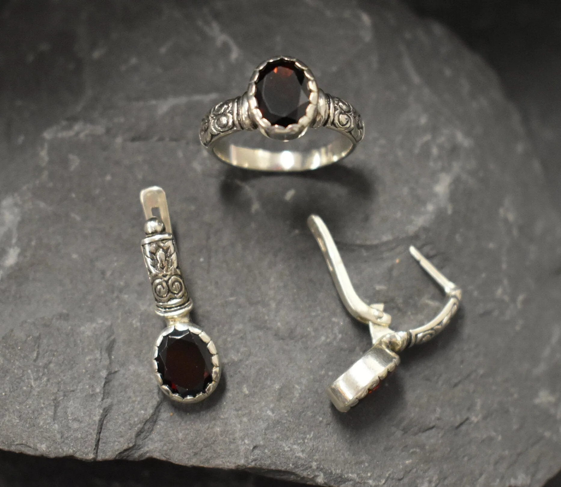 Genuine Garnet Earrings - Red Tribal Earrings - Vintage Drop Earrings