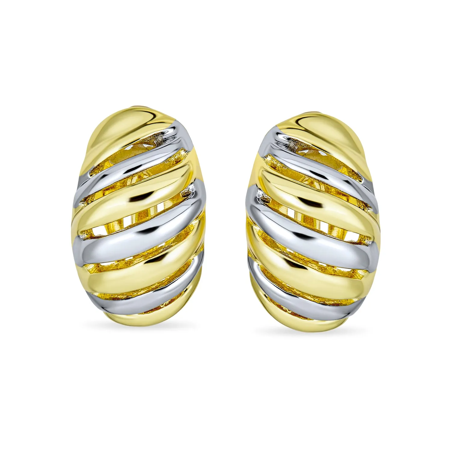 Geometric Grooved Twist Shrimp Half Hoop Clip-On Earrings Gold Silver Plated