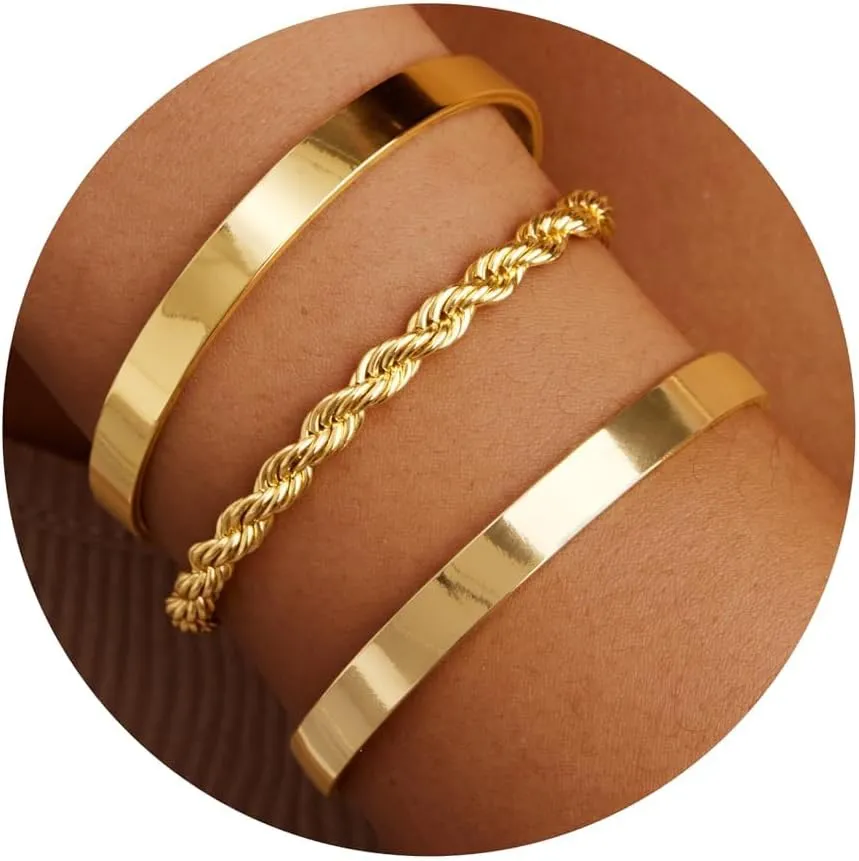 Gold Bracelets for Women Non Tarnish Dainty 14K Real Gold Plated Bangle Cuff Bracelets Stack for Women,Waterproof Stackable Bracelet Gold Jewelry Trendy Gifts Adjustable