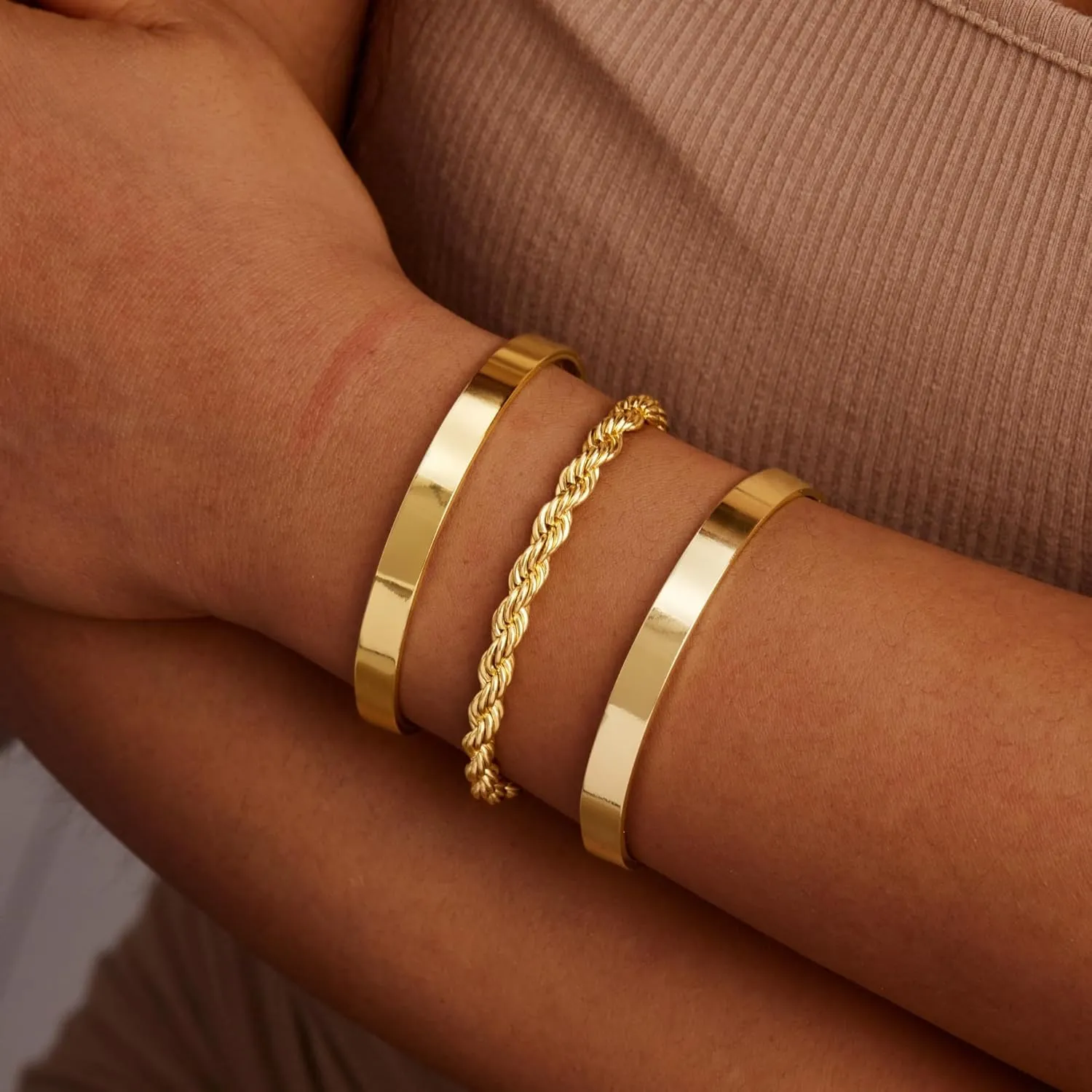 Gold Bracelets for Women Non Tarnish Dainty 14K Real Gold Plated Bangle Cuff Bracelets Stack for Women,Waterproof Stackable Bracelet Gold Jewelry Trendy Gifts Adjustable