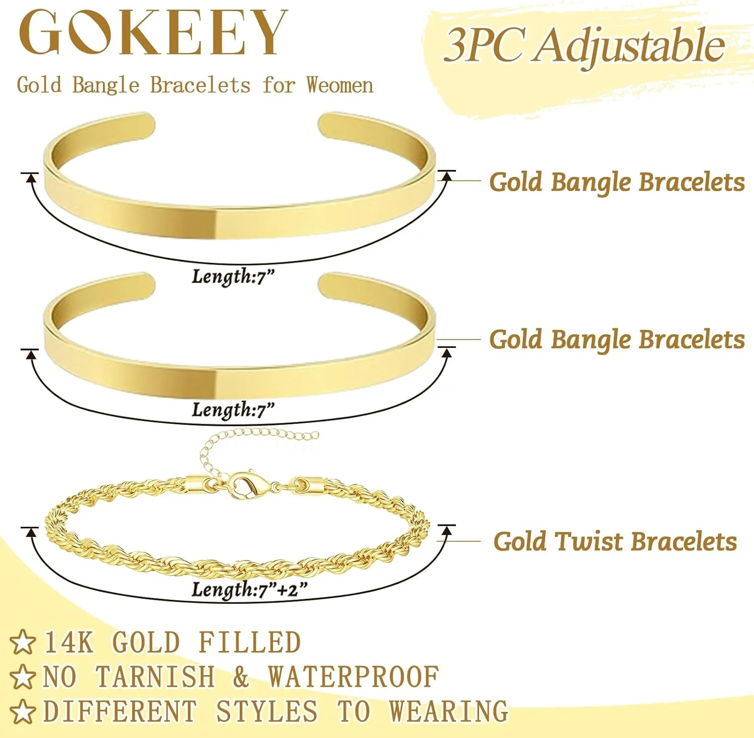 Gold Bracelets for Women Non Tarnish Dainty 14K Real Gold Plated Bangle Cuff Bracelets Stack for Women,Waterproof Stackable Bracelet Gold Jewelry Trendy Gifts Adjustable