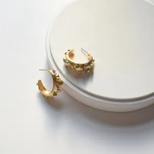 Gold Embellished Hoop Earrings with Colorful Gemstones-jlt11635