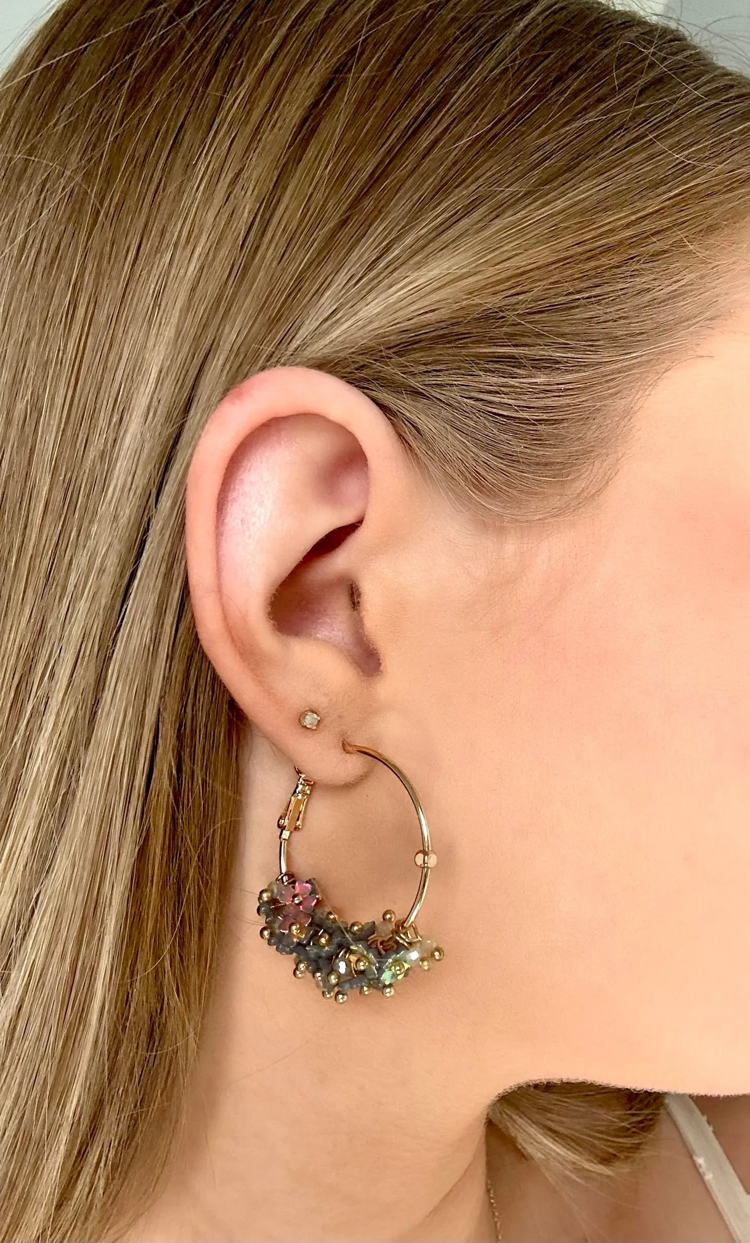 Gold Medium Hoop Earrings with Gray Flower Beads