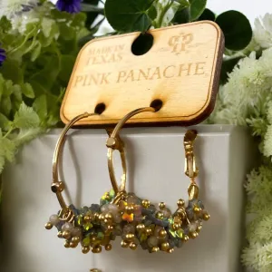 Gold Medium Hoop Earrings with Gray Flower Beads