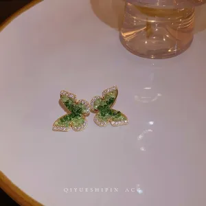 Green Crystal Butterfly Stud Earrings-jlt11847