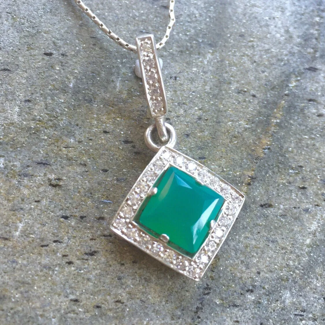 Green Emerald Pendant - Vintage Emerald Necklace - Princess Cut Silver Necklace