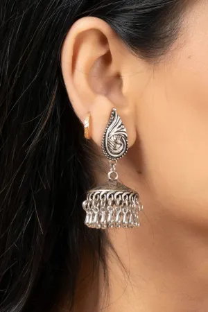 Handmade German Silver Peacock Stud Jhumka Earrings with Oxidized Finish, Lightweight & Elegant