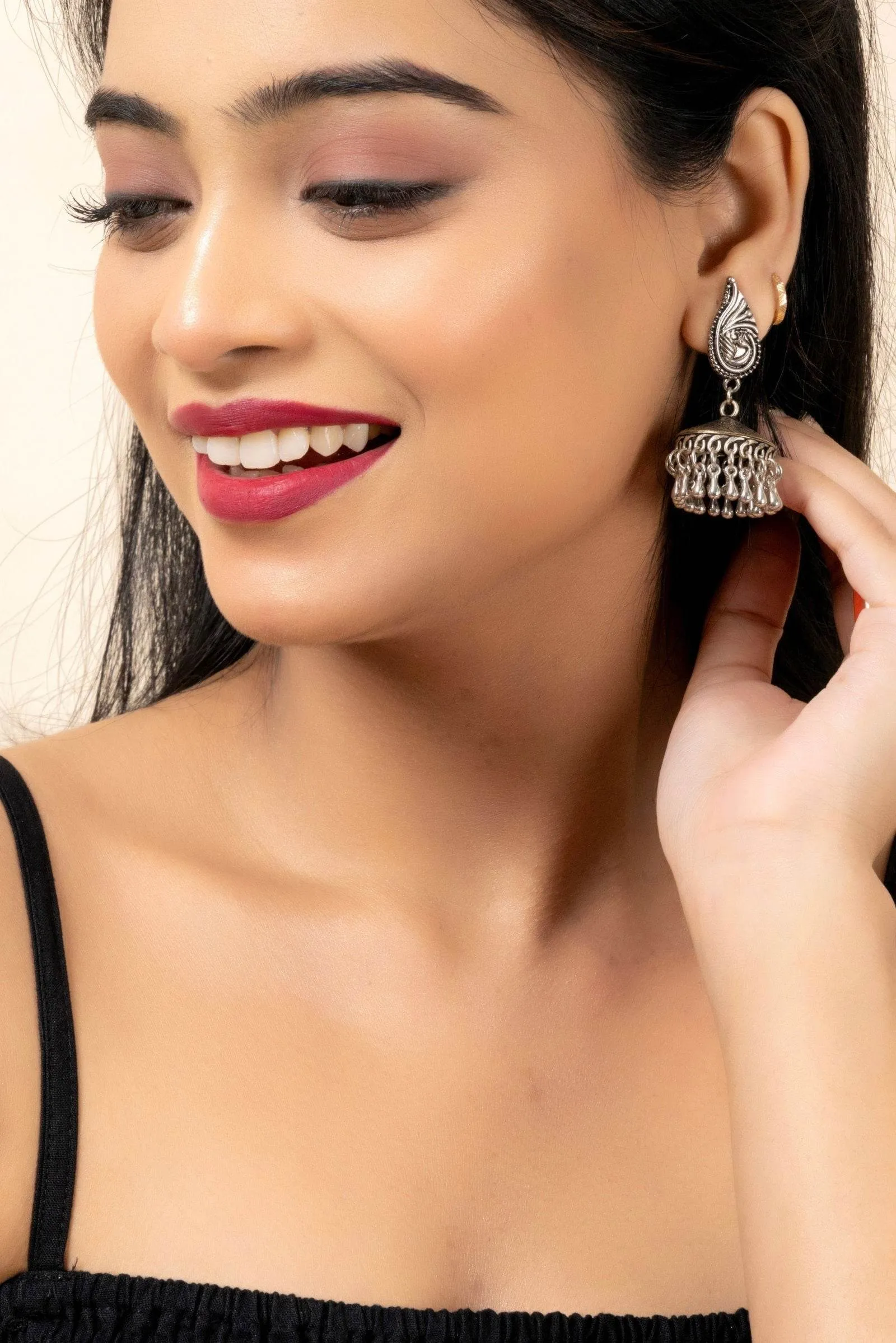 Handmade German Silver Peacock Stud Jhumka Earrings with Oxidized Finish, Lightweight & Elegant