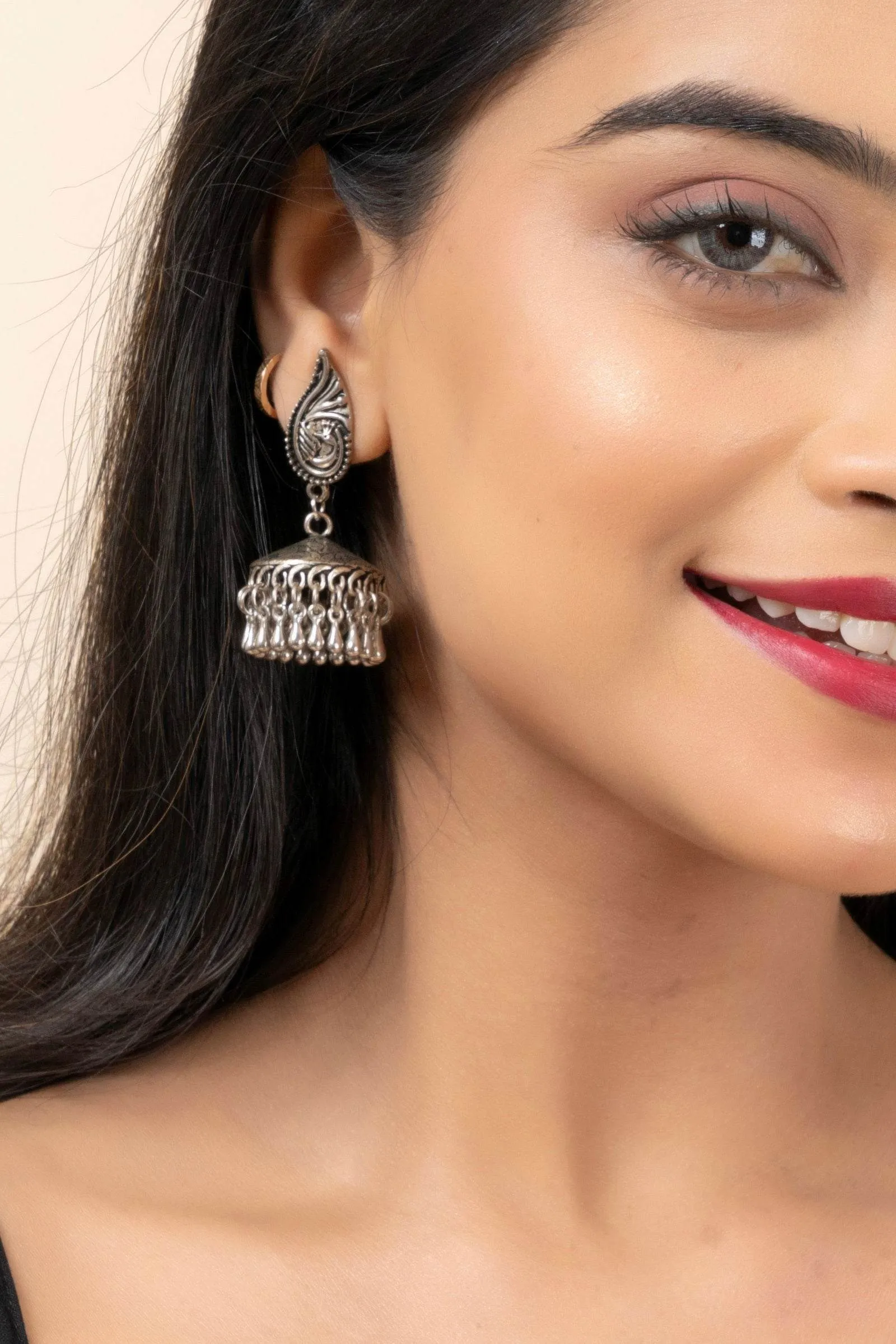 Handmade German Silver Peacock Stud Jhumka Earrings with Oxidized Finish, Lightweight & Elegant