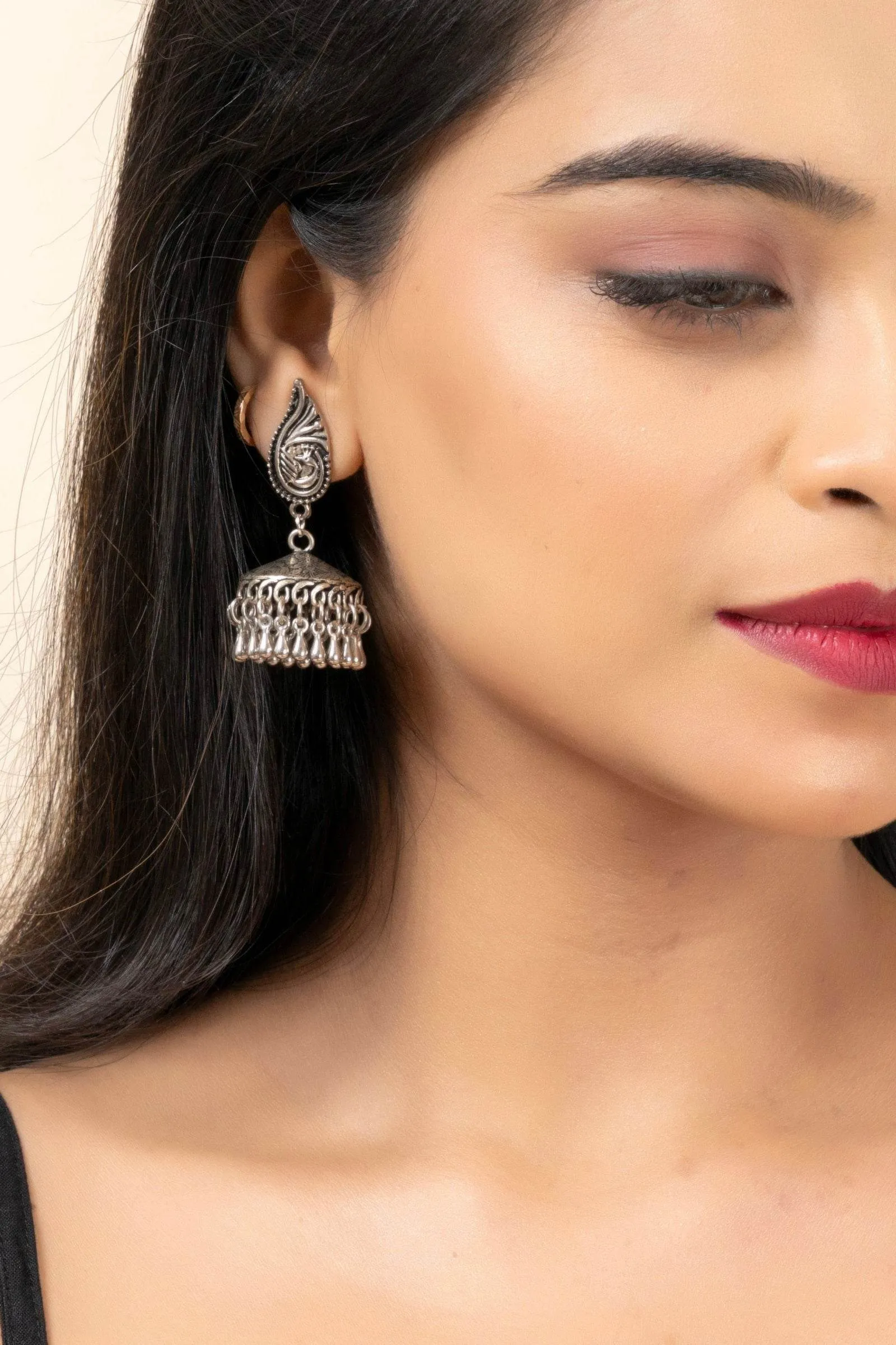 Handmade German Silver Peacock Stud Jhumka Earrings with Oxidized Finish, Lightweight & Elegant
