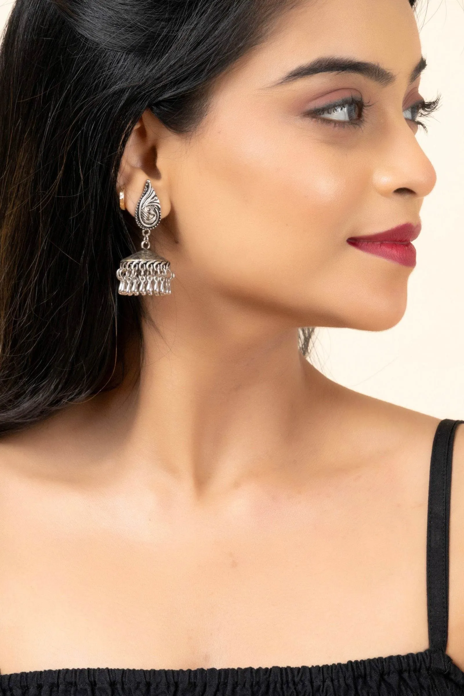 Handmade German Silver Peacock Stud Jhumka Earrings with Oxidized Finish, Lightweight & Elegant