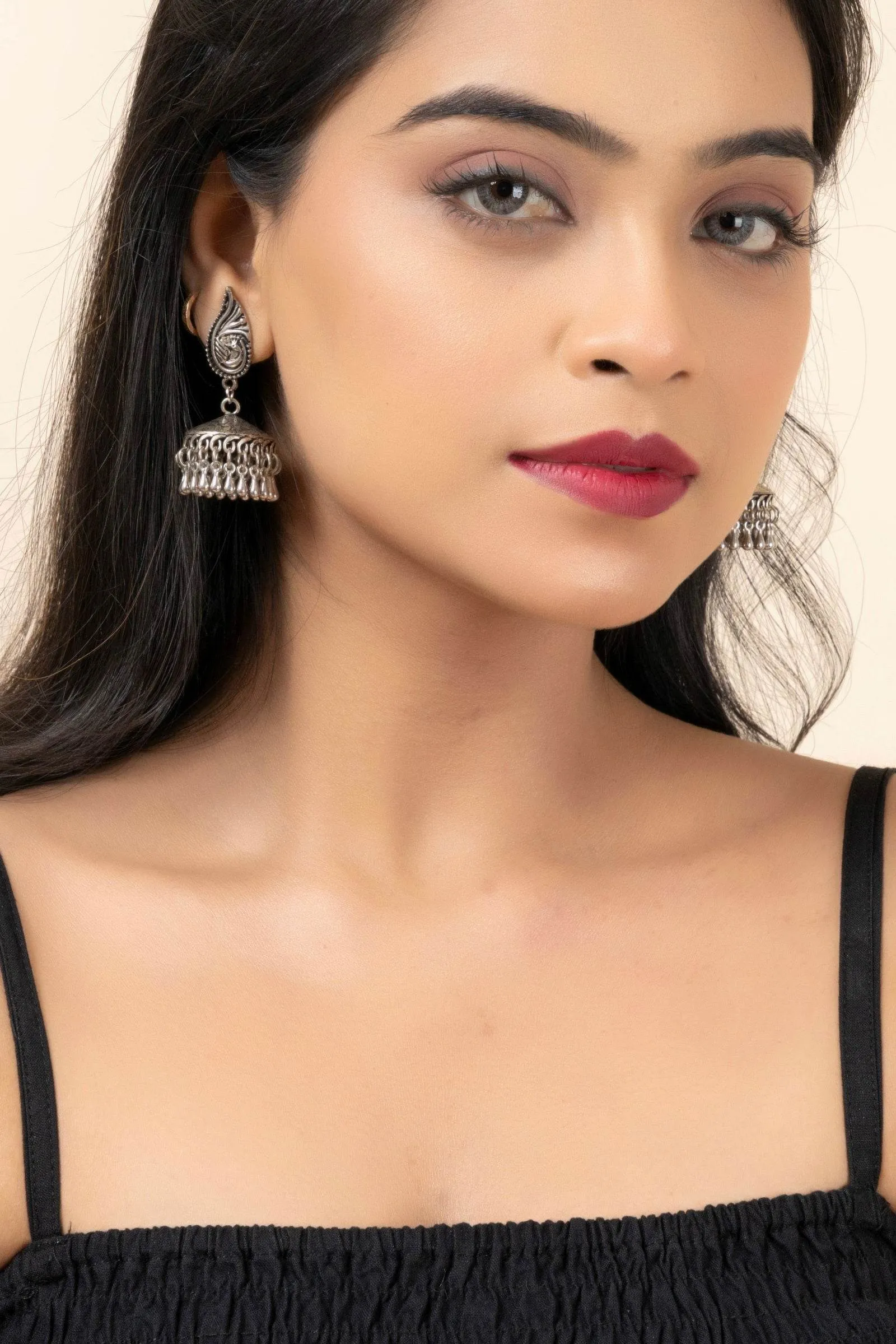Handmade German Silver Peacock Stud Jhumka Earrings with Oxidized Finish, Lightweight & Elegant