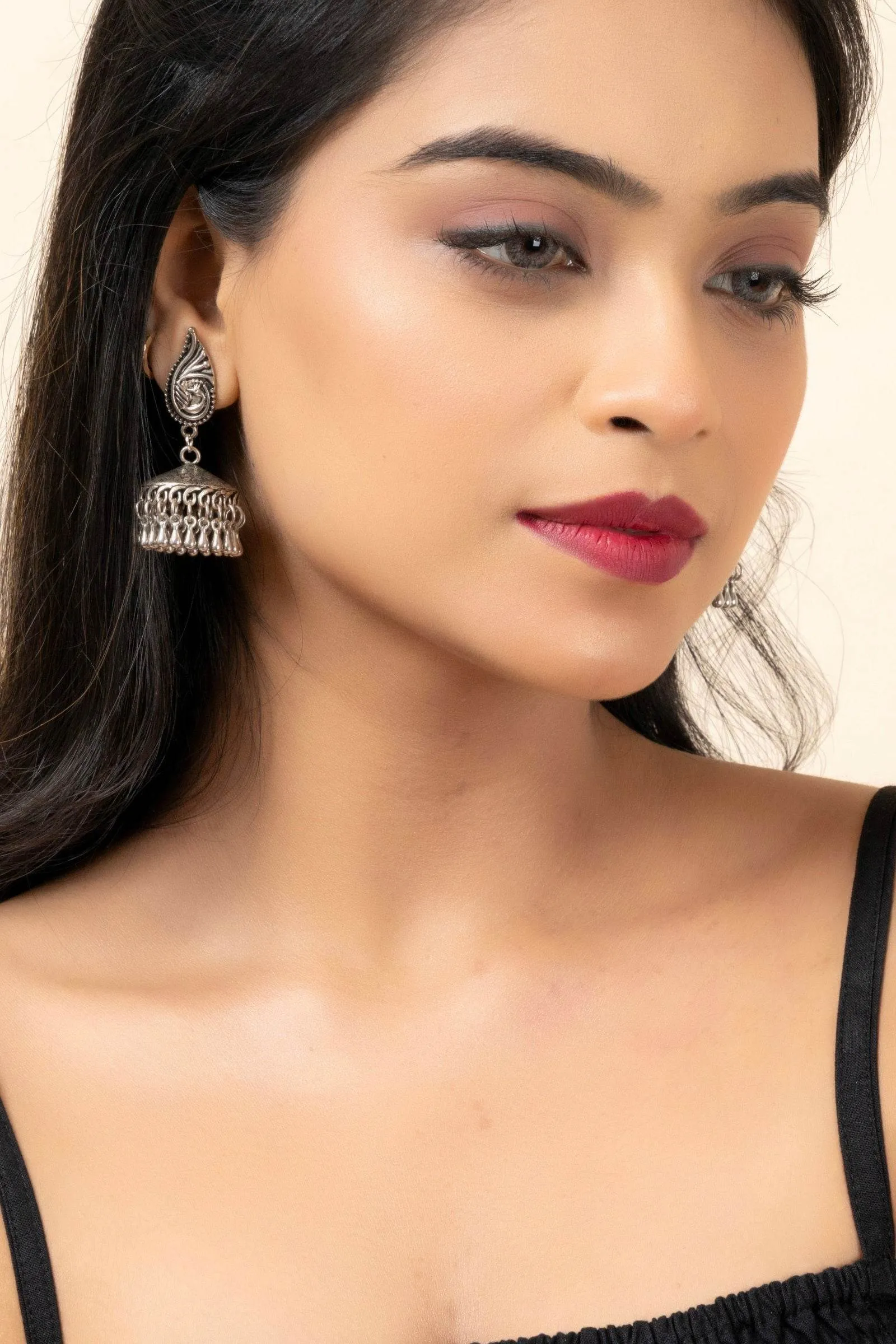 Handmade German Silver Peacock Stud Jhumka Earrings with Oxidized Finish, Lightweight & Elegant