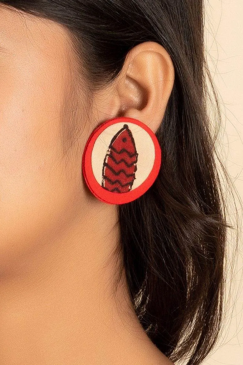 Handmade Red Beige Ajrakh Fish Fabric Stud Earrings, Non-Allergic Fashion Jewelry