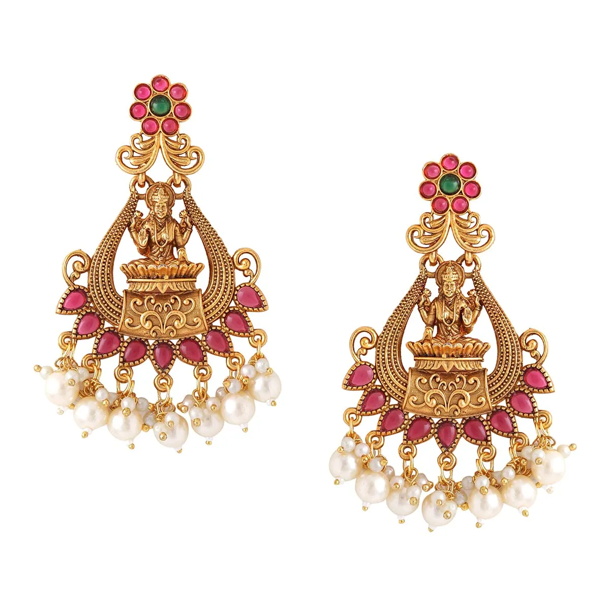 Kairangi Earrings For Women Gold Plated Pink Stone Studded Pearl Beads Traditional Temple Ethnic Drop Earrings For Women and Girls