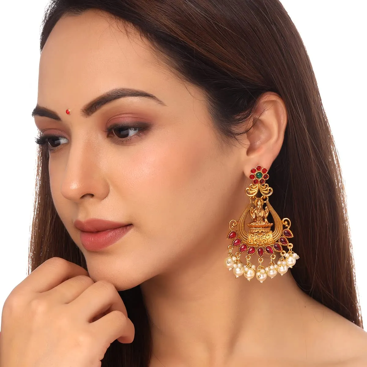 Kairangi Earrings For Women Gold Plated Pink Stone Studded Pearl Beads Traditional Temple Ethnic Drop Earrings For Women and Girls