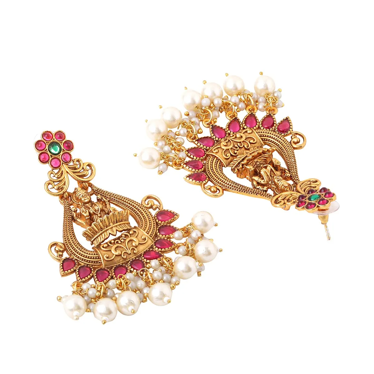 Kairangi Earrings For Women Gold Plated Pink Stone Studded Pearl Beads Traditional Temple Ethnic Drop Earrings For Women and Girls