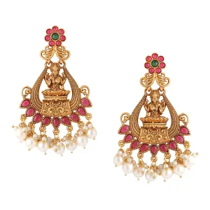 Kairangi Earrings For Women Gold Plated Pink Stone Studded Pearl Beads Traditional Temple Ethnic Drop Earrings For Women and Girls