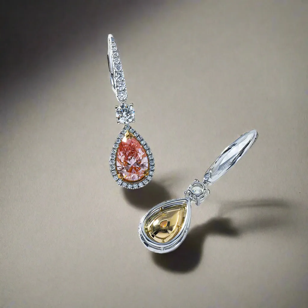 Karter 5 Carats Pear Cut Lab Grown Pink Vivid Diamond Drop Earrings in 18K Two Tone