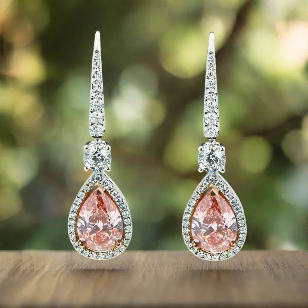 Karter 5 Carats Pear Cut Lab Grown Pink Vivid Diamond Drop Earrings in 18K Two Tone