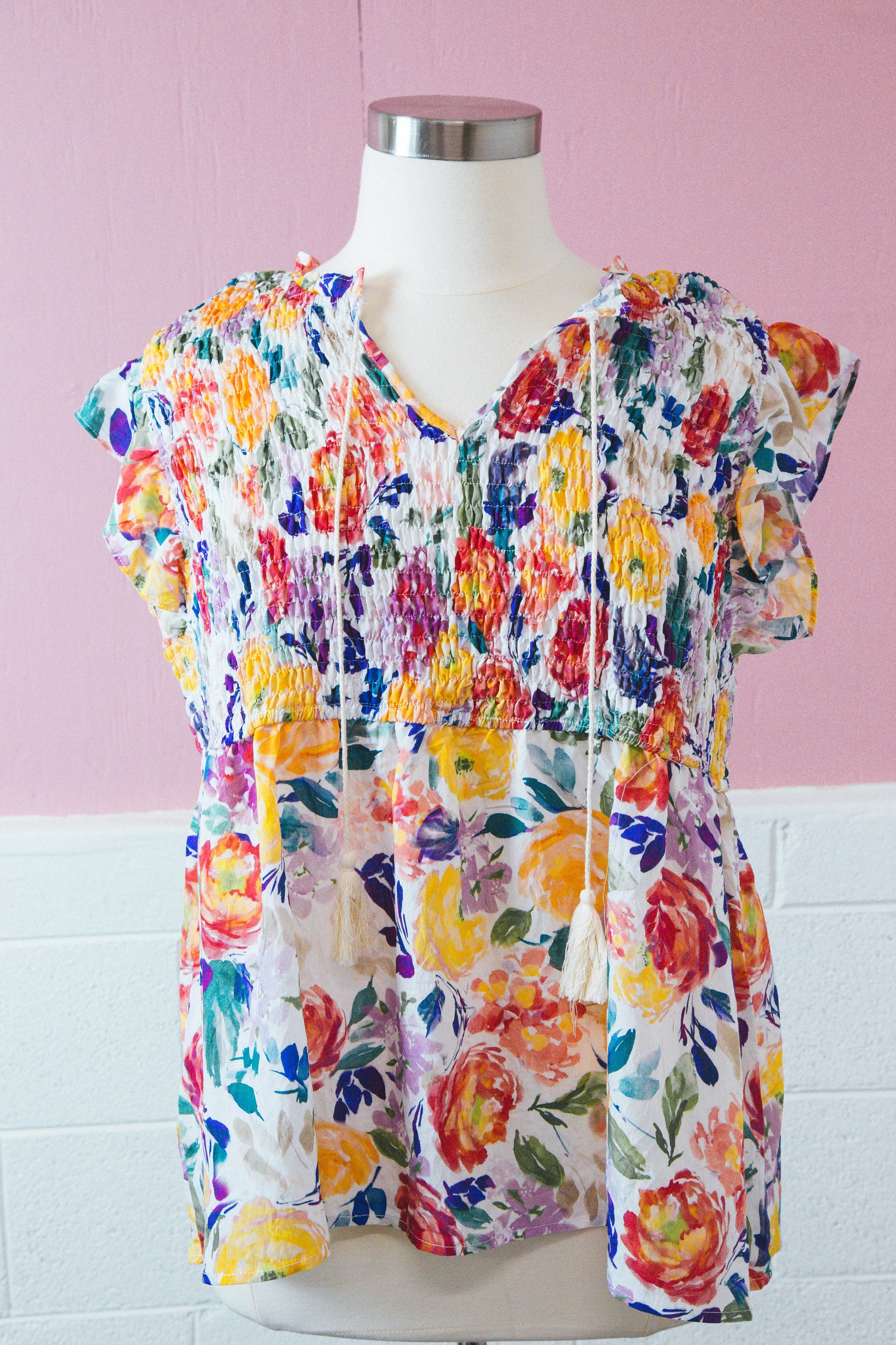 Keira Smocked Tassel Top, Lavender Mix | Plus Size
