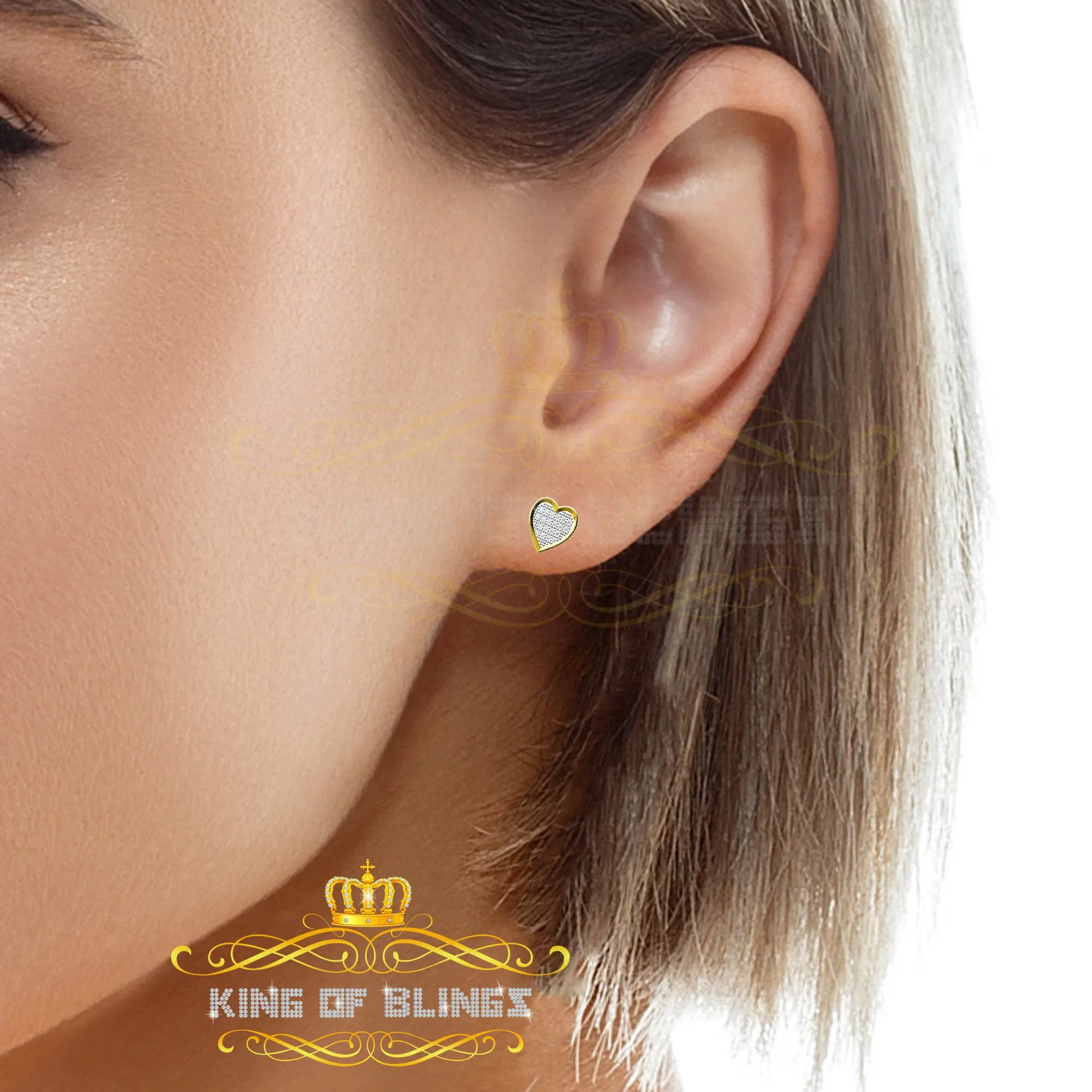 King of Blings-925 Sterling Silver 0.10ct Diamond Heart Earrings For Women Yellow Stud For Men