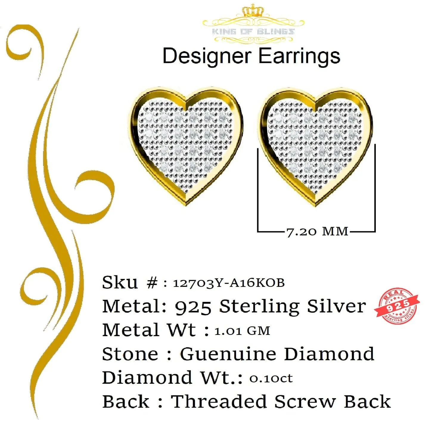 King of Blings-925 Sterling Silver 0.10ct Diamond Heart Earrings For Women Yellow Stud For Men