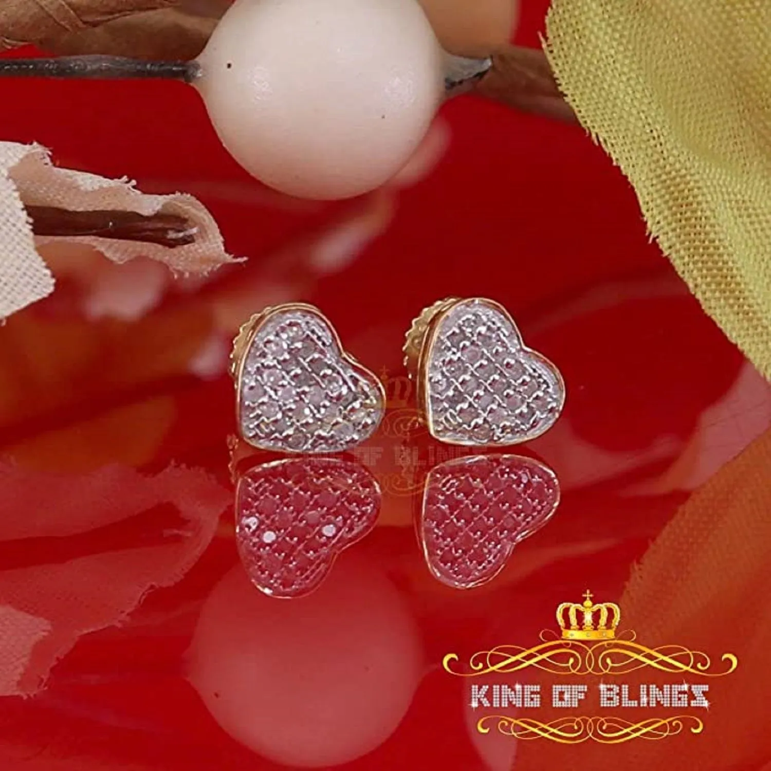 King of Blings-925 Sterling Silver 0.10ct Diamond Heart Earrings For Women Yellow Stud For Men