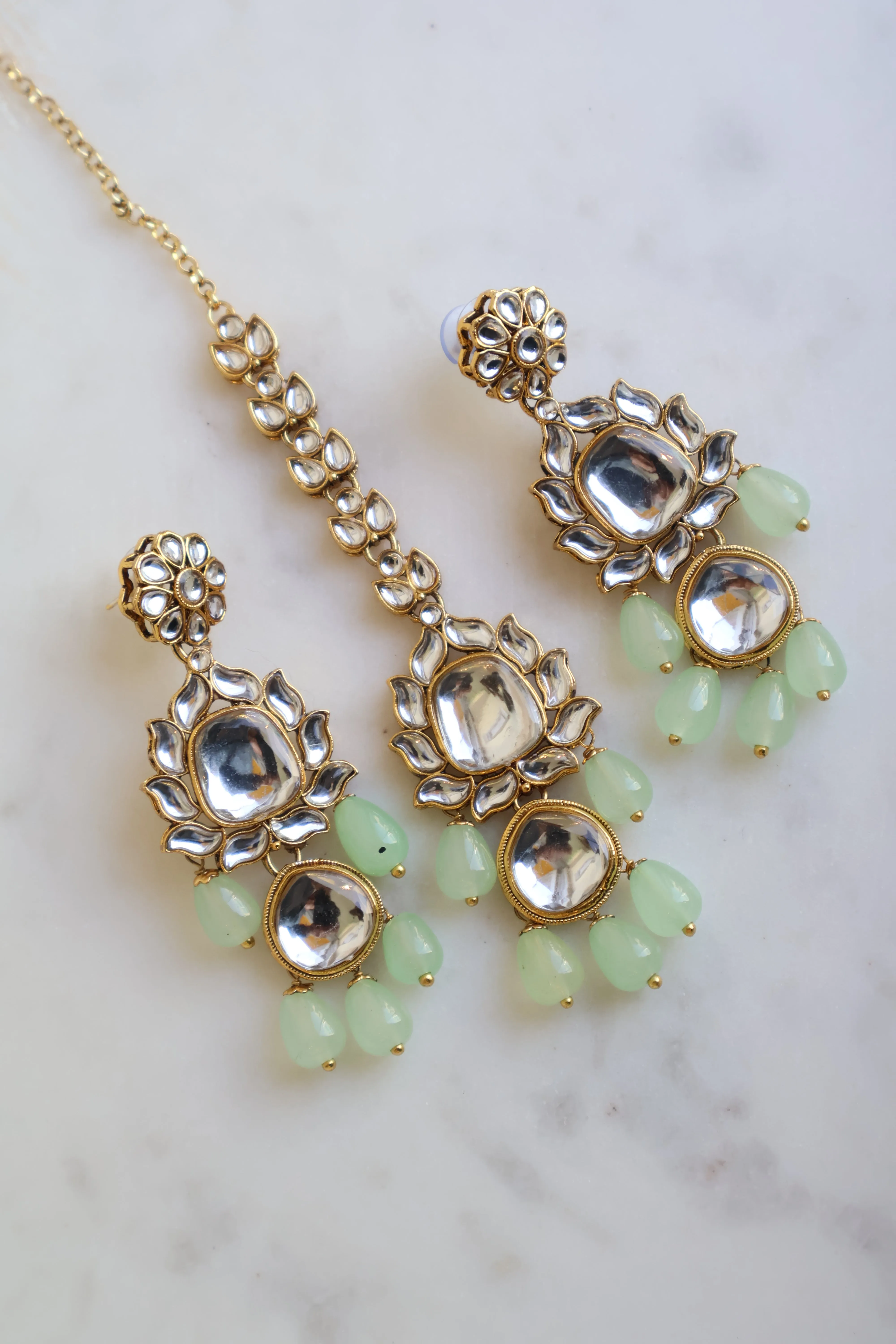 Kundan Earrings and Tikka- Mint Green