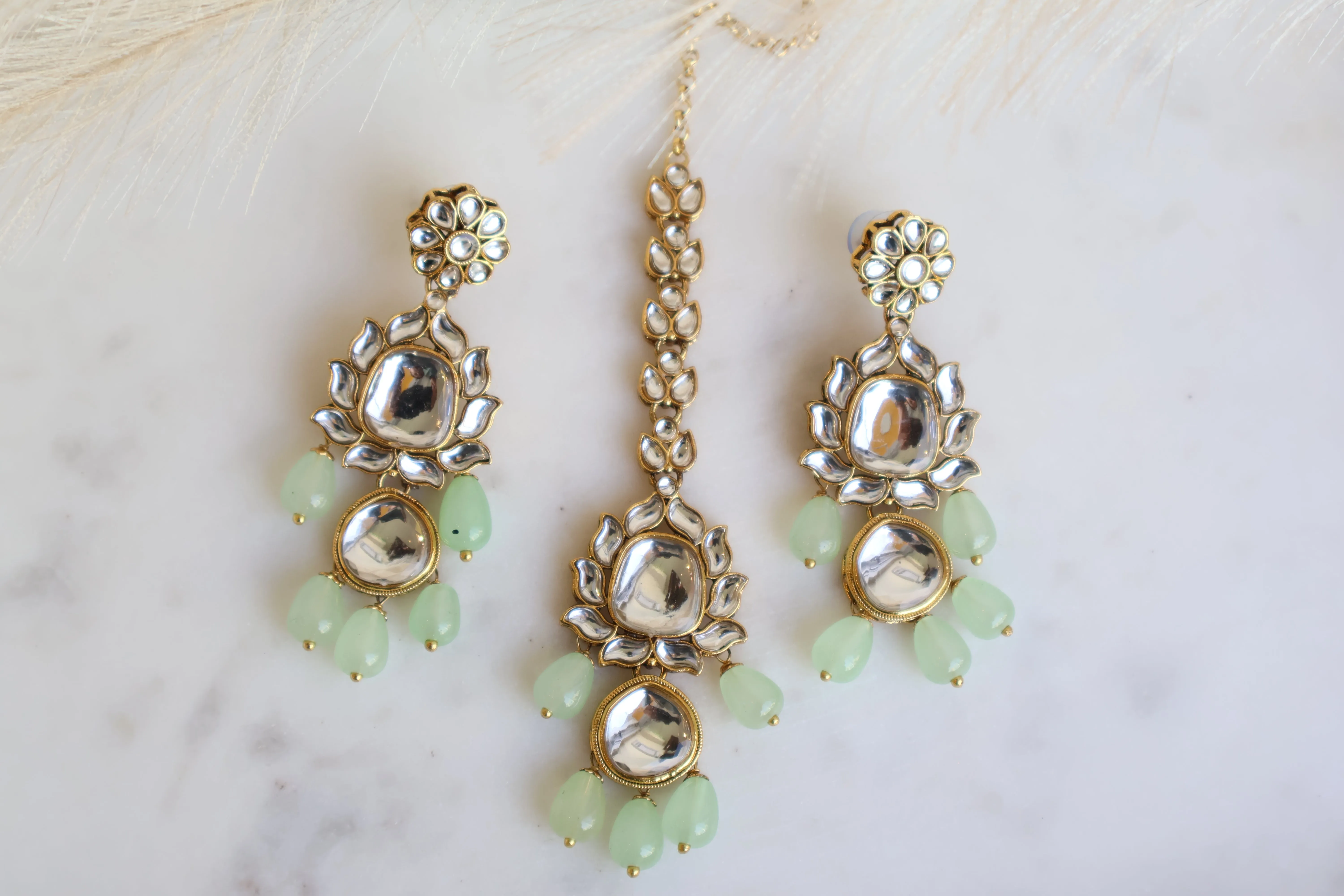 Kundan Earrings and Tikka- Mint Green