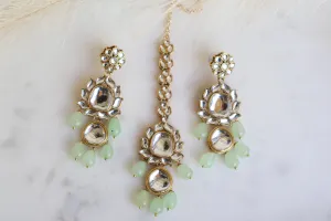 Kundan Earrings and Tikka- Mint Green
