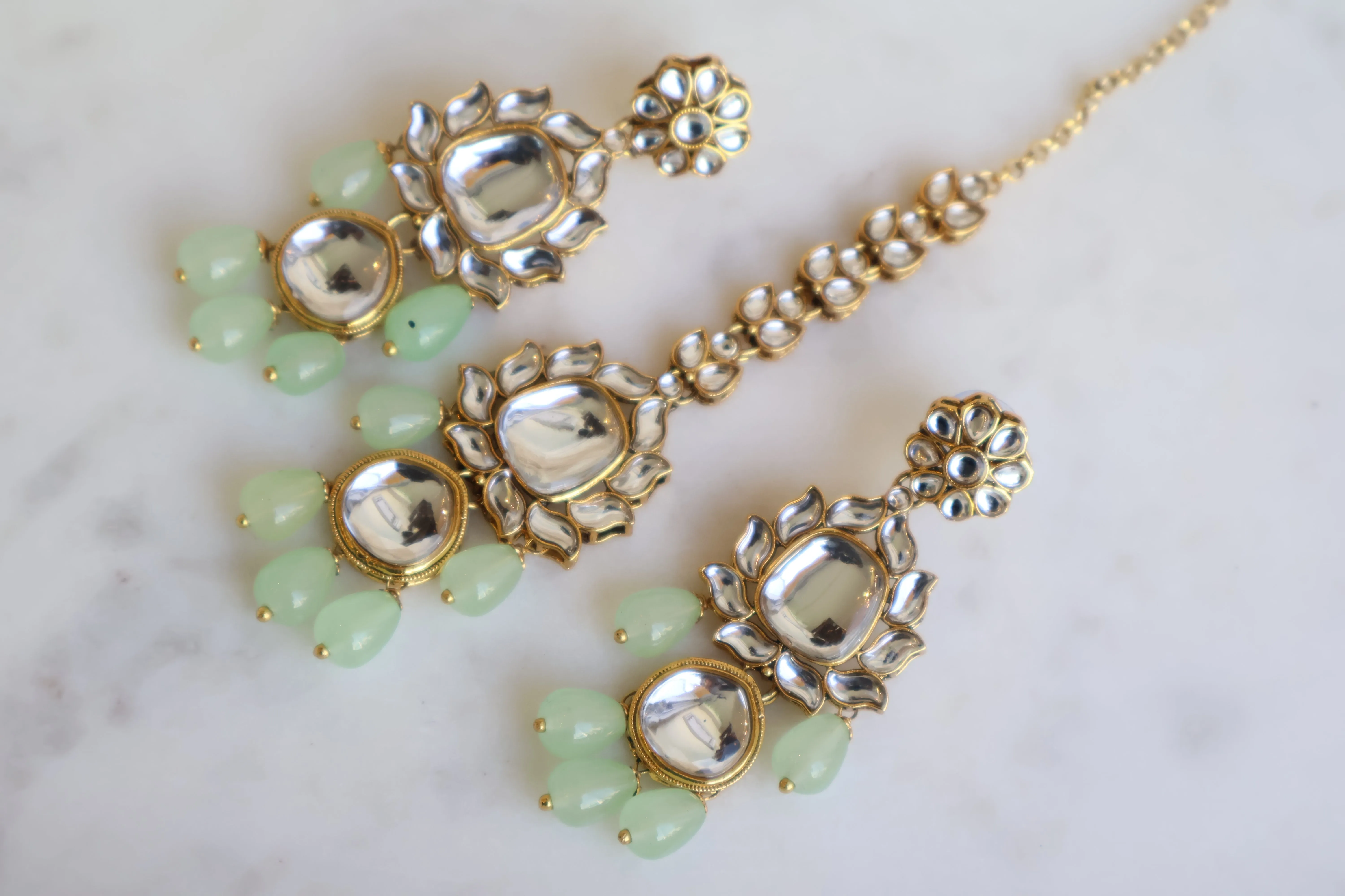 Kundan Earrings and Tikka- Mint Green