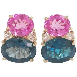 Large GUM DROP™ Earrings with Hot Pink and Deep Blue Topaz and Diamonds